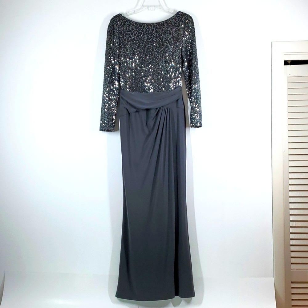 Lauren Ralph Lauren Gray Sequin Long Sleeve Formal Gown Dress Petite 8